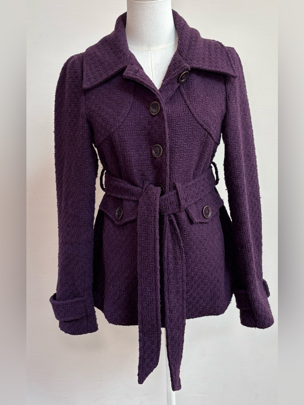 Tulle Wool Blend Belted Coat Small Purple Plum Tweed